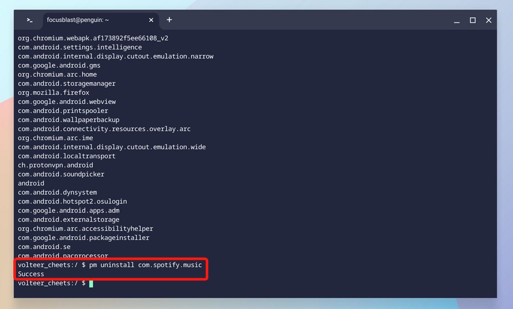 Uninstalling an Android app via Linux terminal on Chromebook