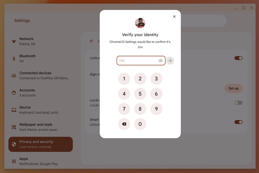 Verify your identity by entering existing chromebook pin