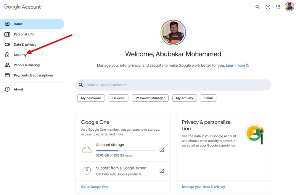 Google My Accounts page with Security tab highlighted