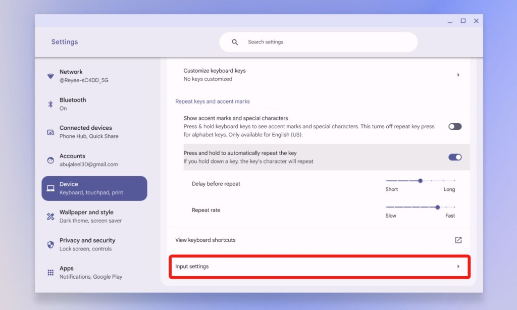 Input Settings in chromeos settings page