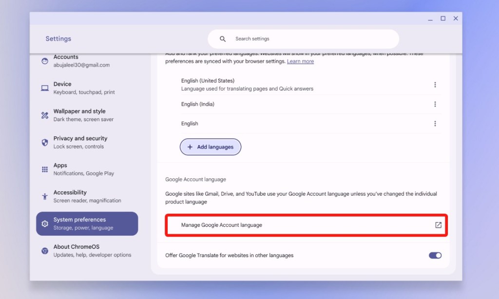 google account language option in ChromeOS settings