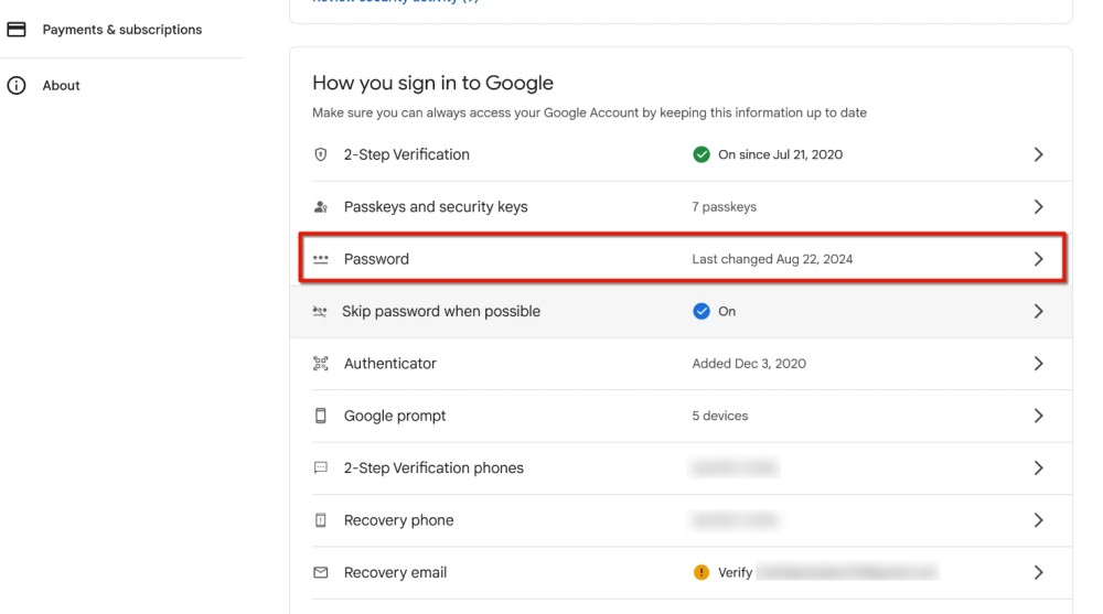 Google Account Security page with Password option higlighted