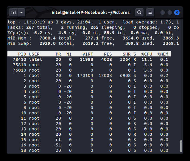 showing running processes using top command