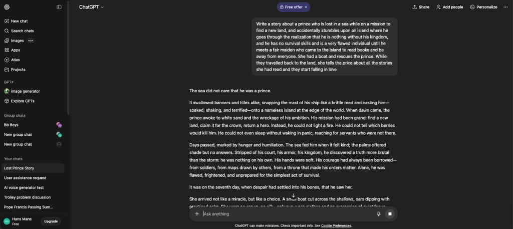 ChatGPT writing a story 