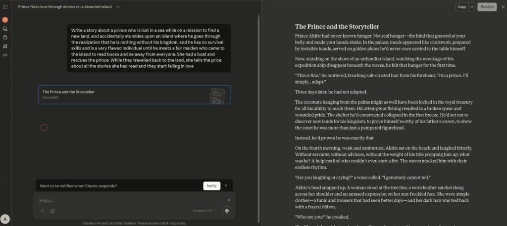 Claude AI writing a story screenshot