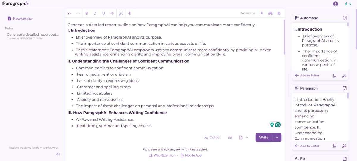 Paragraph AI text writing tool screenshot