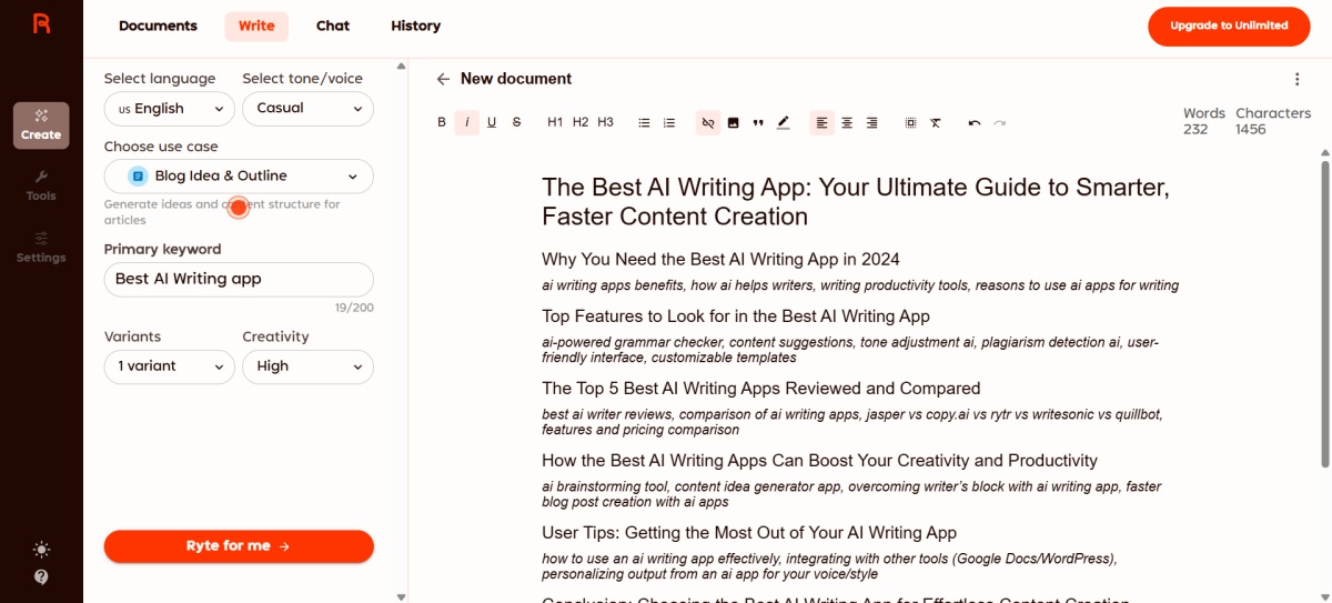 Rytr trying to create AI generated content screenshot