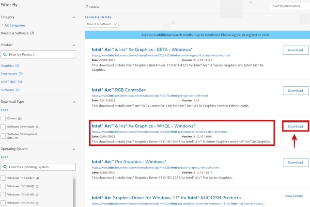 intel arc gpu driver in website