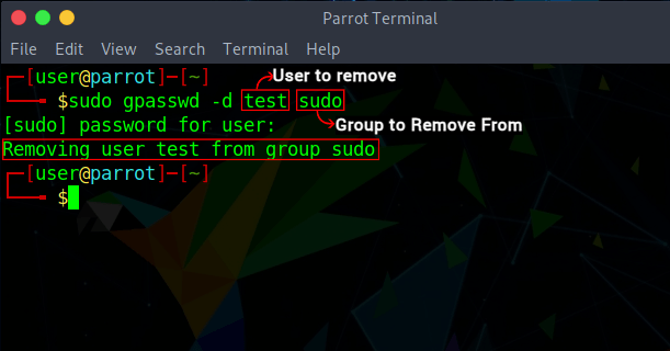 Removing user test from the group sudo