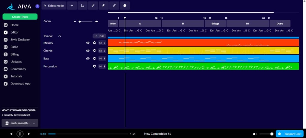 AIVA AI Music generator Editor page screenshot