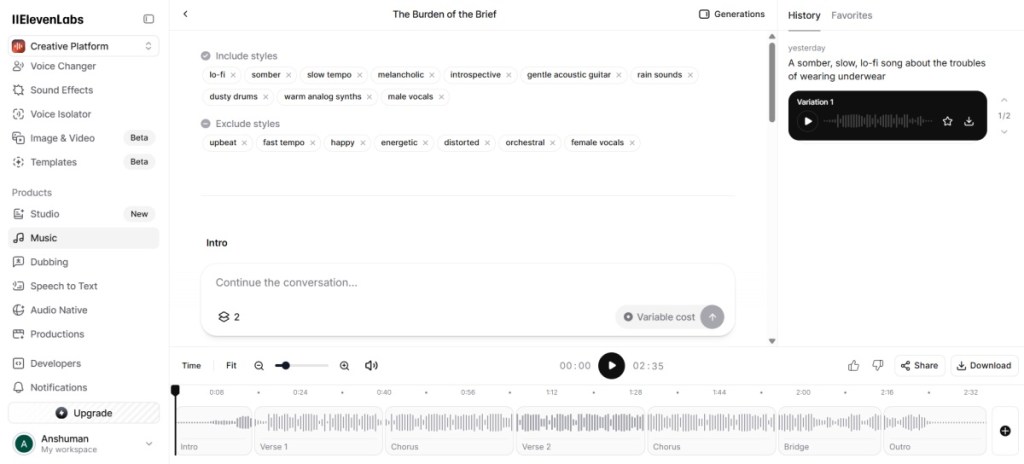 ElevenLabs AI Music Generator Screenshot