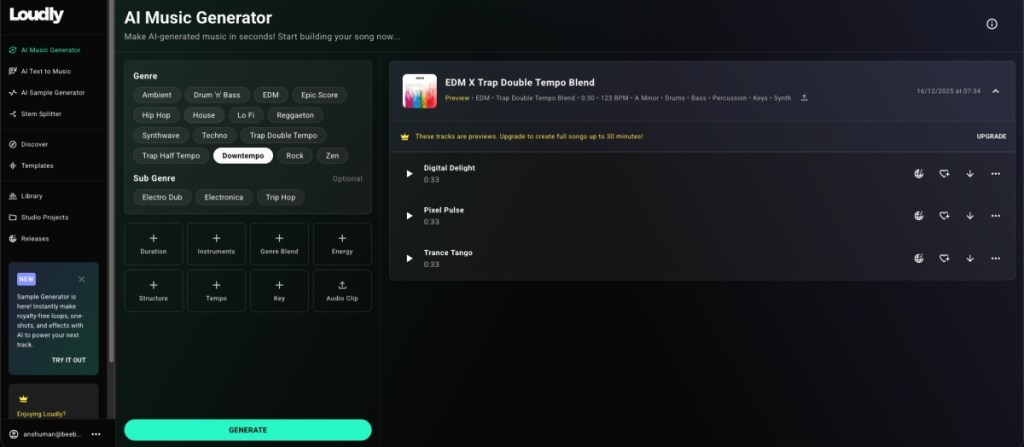Loudly AI Music Generator Page Screenshot