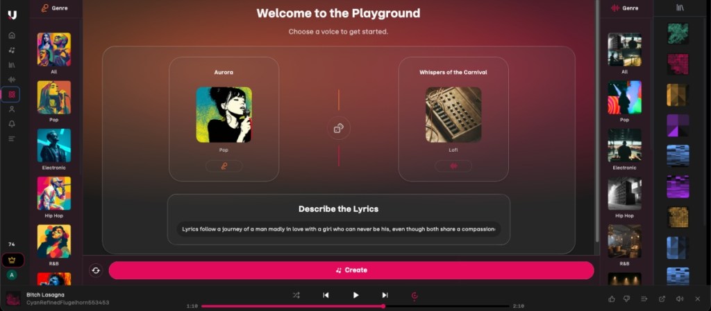 Udio music generation Playground feature screenshot