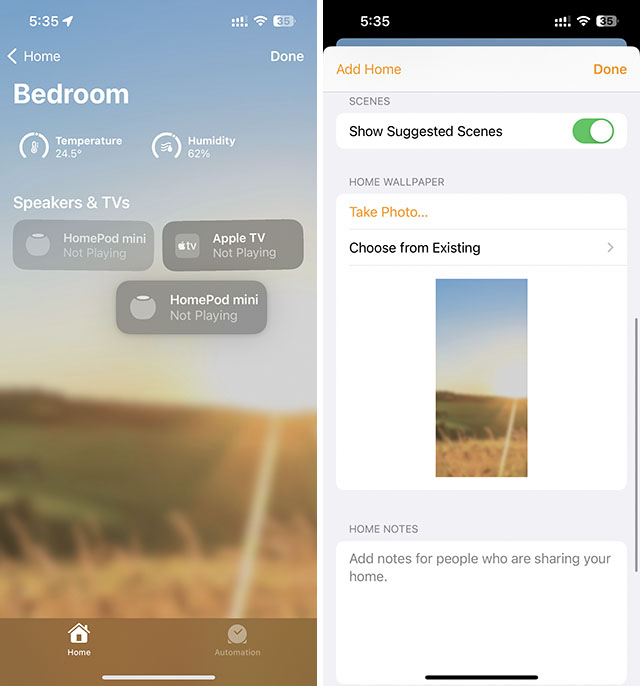screenshot of the Apple home app showing its customisability options