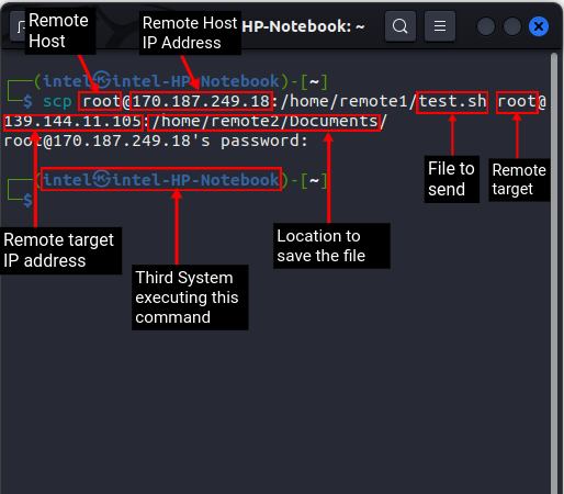 Transferring file between two remote systems - scp command linux