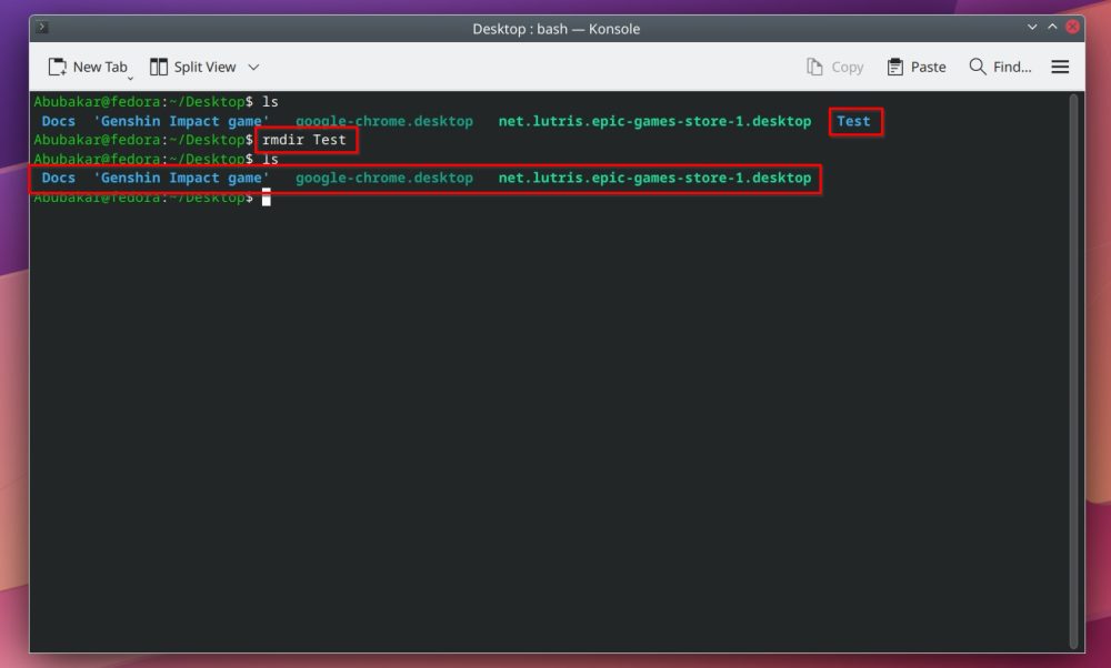 rmdir command in Konsole