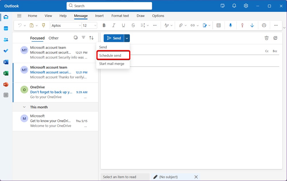 Outlook send email draft with schedule send option