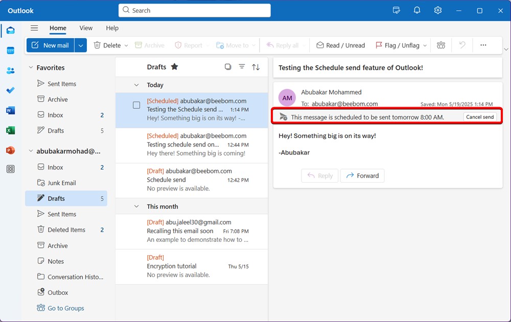Scheduled email in the drafts in outlook