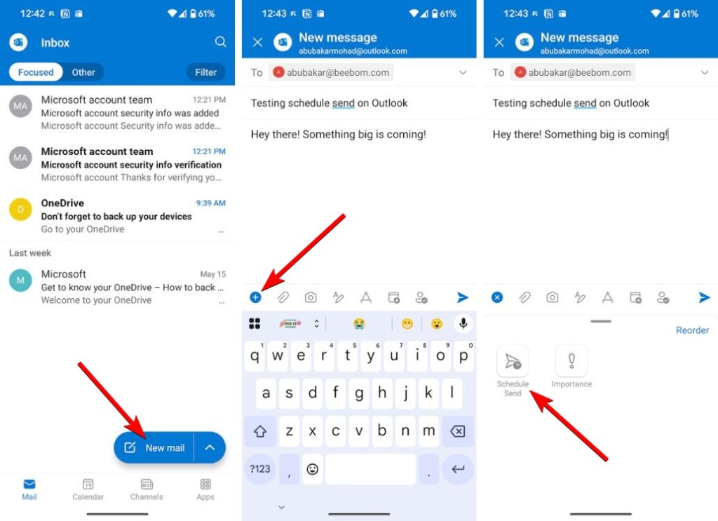 Schedule an email in Outlook using new email, + icon and Schedule email option
