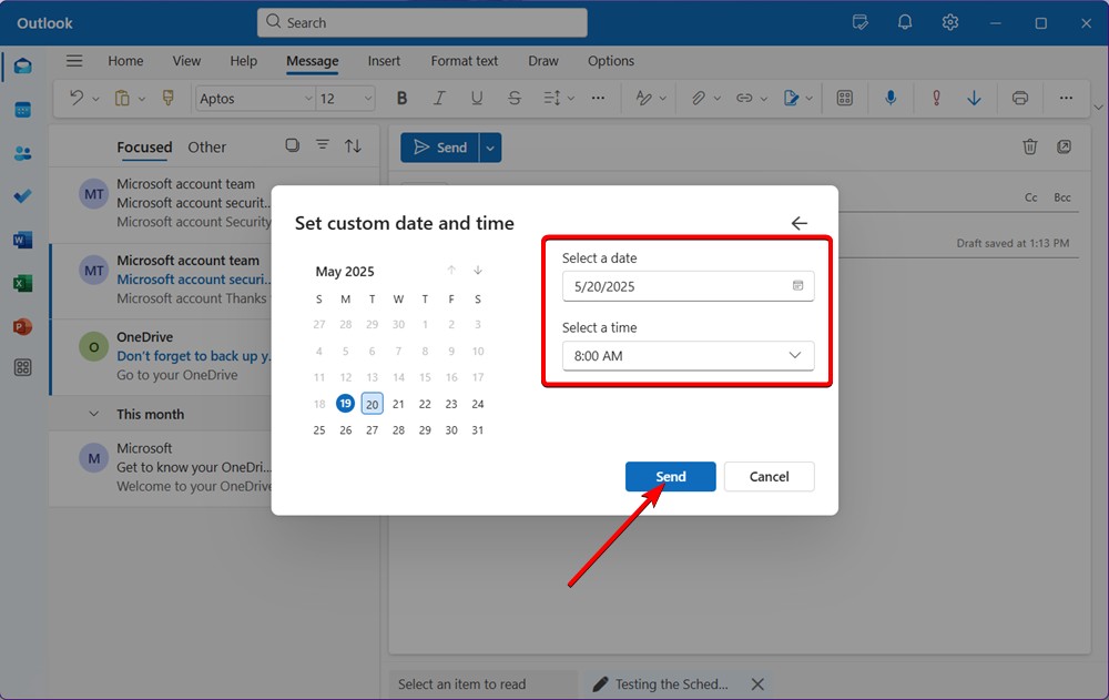 sending scheduled email after selecting the time and clicking send