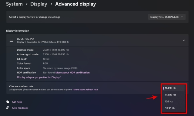 choose a refresh rate option in windows 11