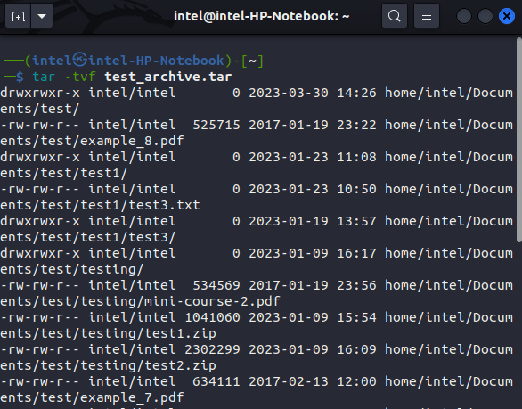listing the archive file contents