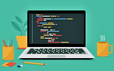 illustration of a laptop with programming coding text on the screen