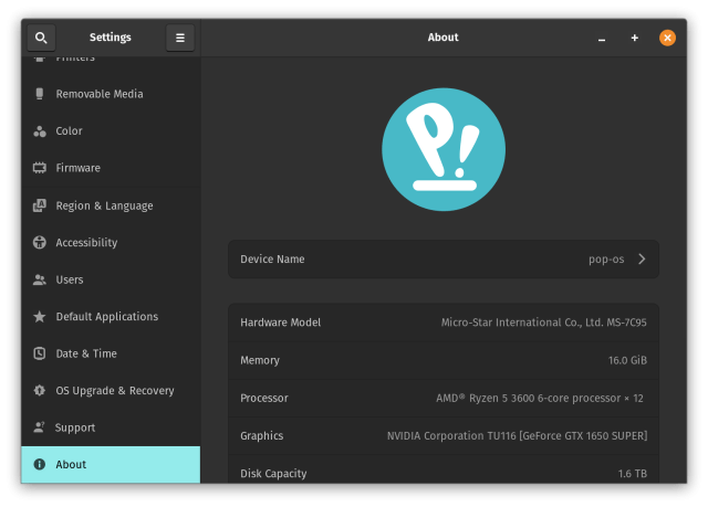 Pop!OS about section - check os version linux