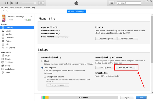 Restore iPhone backup from iTunes