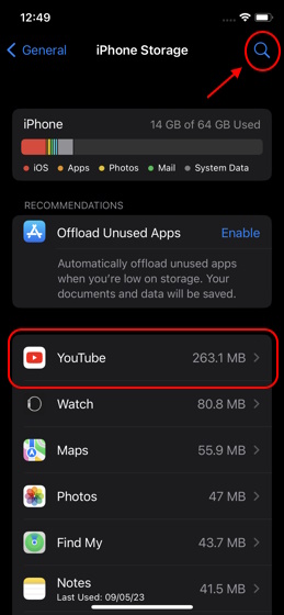 YouTube app iOS storage data