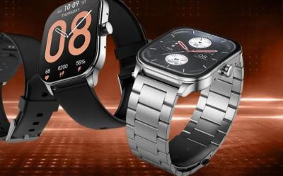 Amazfit Pop 3S smartwatch showcased in black and gray color options with a brown background