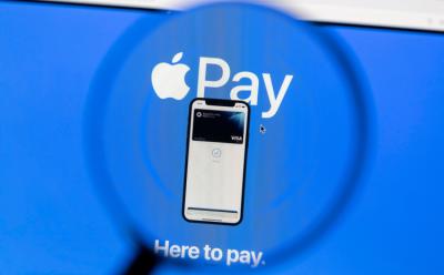 Apple Pay showcased on an iPhone with a blue background