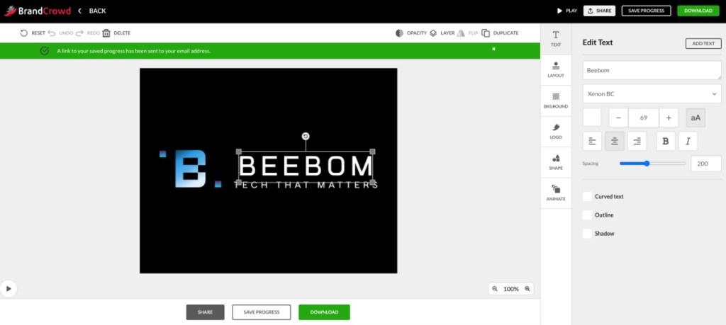 BrandCrowd Logo editing screen