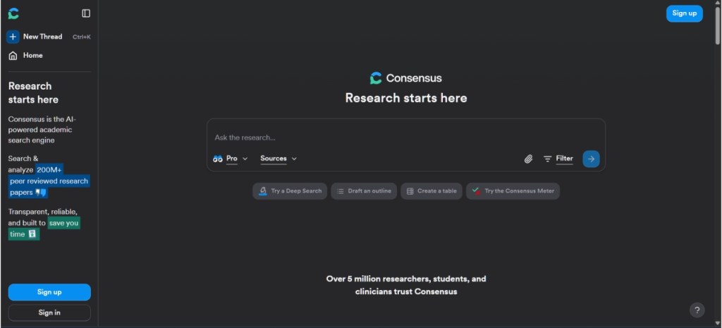 Consensus AI Tool for research screenshot
