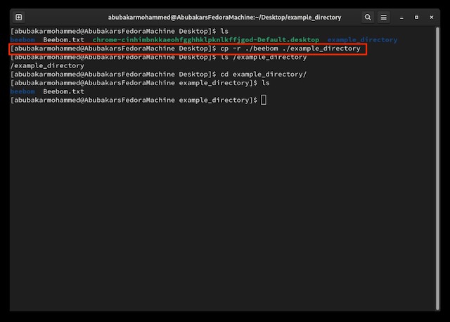 Copying a directory into another directory using cp command