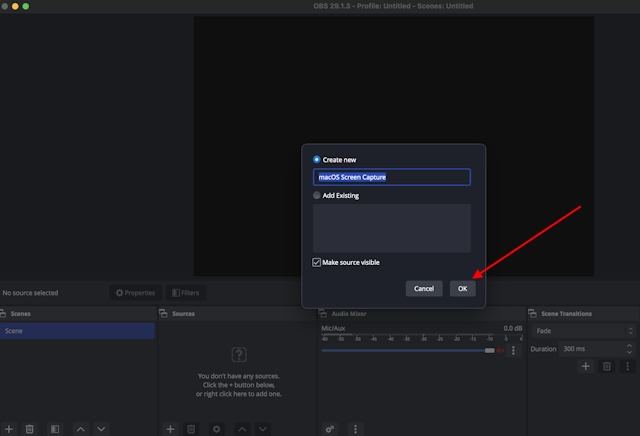 Confirm Adding New Screen Capture in mac OBS