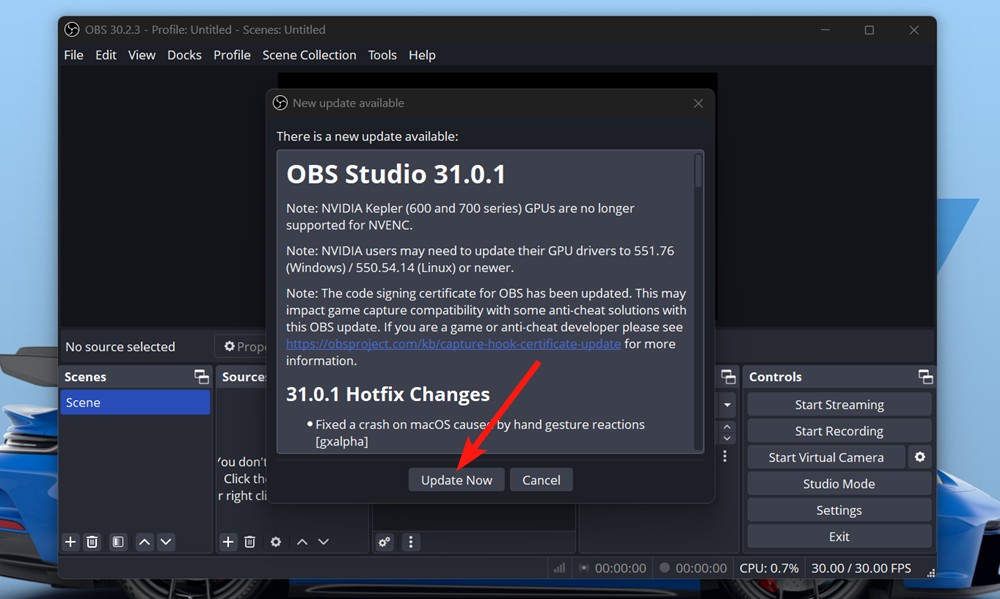 OBS update pop up with update now and remind later options