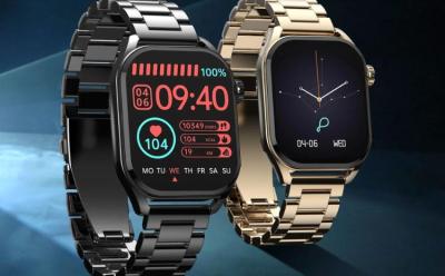 Pebble Cosmos Vogue Smartwatch in black and gold color options showcased with a blue background