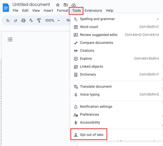opt out of labs in google docs