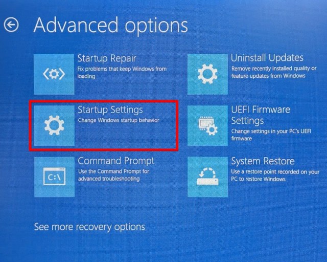 Startup Settings in Advanced Startup Menu of Windows 11