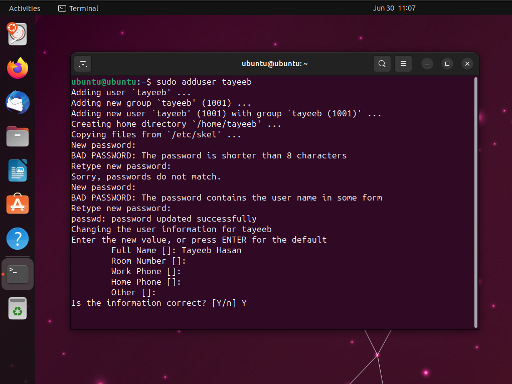 entering the details for new user in Linux terminal