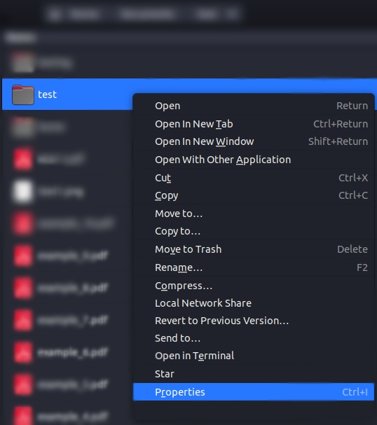 opening the properties window for the test directory