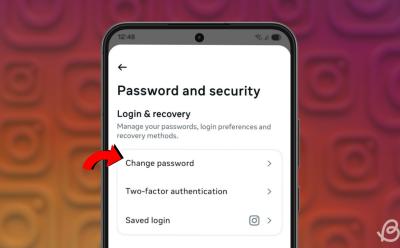 preview of Change password option inside Instagram on a phone with a gradient background featuring scattered Instagram logos