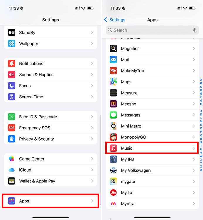 Music App settings in iPhone settings app