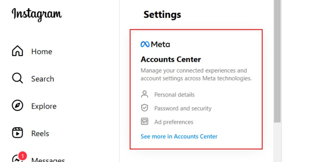 Open Accounts Center on Instagram Web