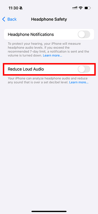 Toggle to disable Reduce Loud Audio setting in iPhone