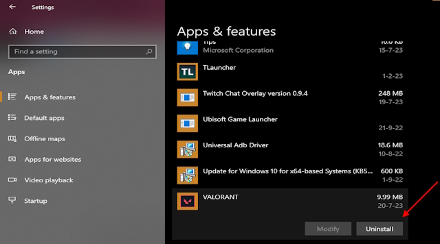 Uninstall button Valorant from apps in Windows