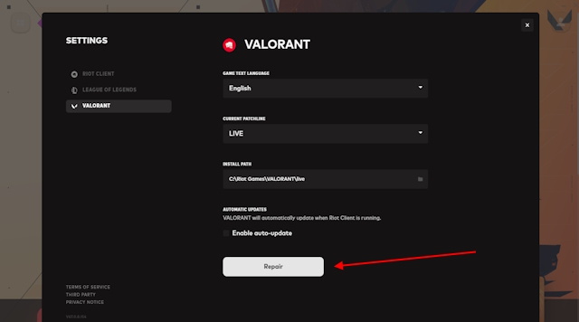 Valorant version mismatch error repair button