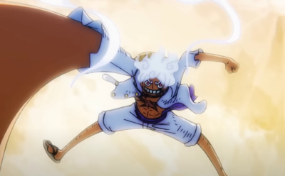 Luffy laughing in his gear 5 power