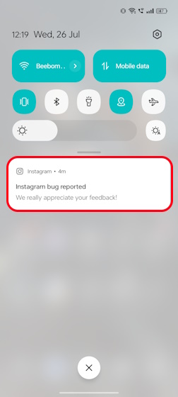Instagram bug reported notification on Android